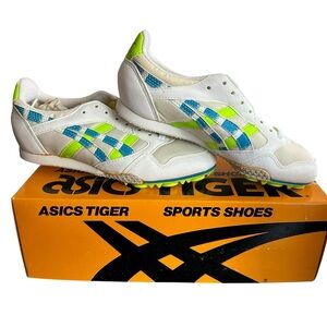 VTG ASICS TIGER Talon Size 6 Running Track Shoe Sneaker White Blue Green GN55